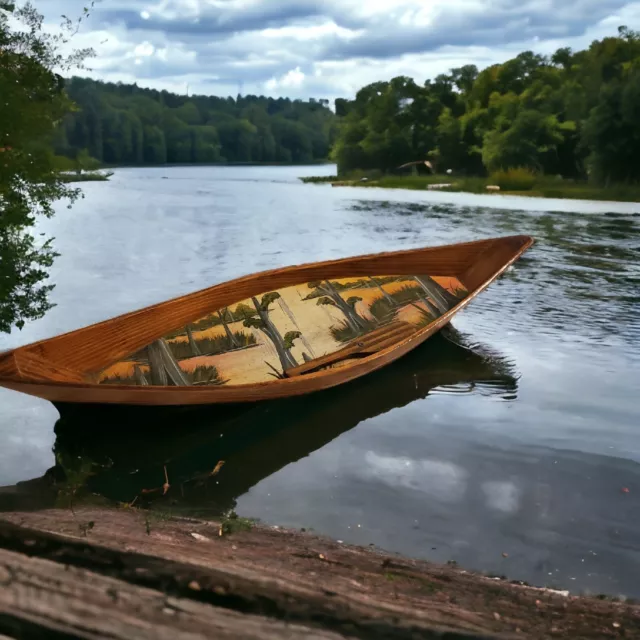 Handmade Wood Model Canoe & Paddle Handpainted Art Swamp Scene OOAK Signed