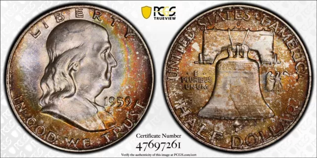 (TP#32) RAINBOW TONED 1959-D PCGS MS64+ FBL Franklin Half Dollar 50c