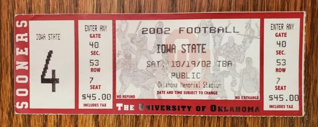 Oklahoma Sooners Iowa State Football FULL Ticket 10/19 2002 Griffin Jones Stub