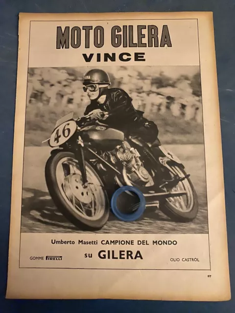 Rara Pubblicita’ Moto GILERA Campione del Mondo con MASETTI 1950