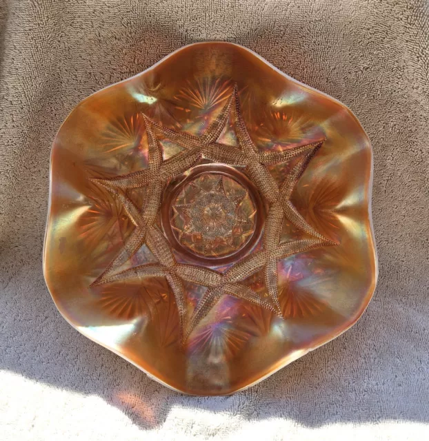 Dugan Glass Peach/Marigold Opalescent Ski Star and Compass Ruffled Bowl