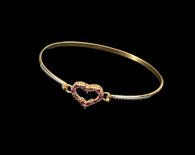 925 Sterling Silver Gold Plate Love Heart CZ Crystals Bangle Bracelet 7.8g