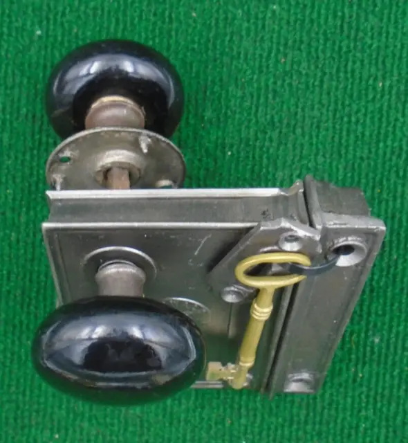 NORWALK RIM LOCK COMPLETE w/KNOBS, KEY, KEEPER, & ESCUTCHEONS, CIRCA 1920(19677)