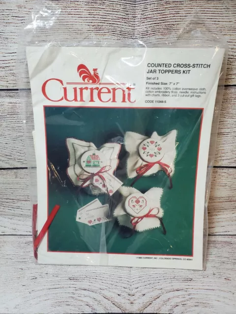 1989 New Opened Current Inc. Counted Cross Stitch Jar Toppers Kit Set Of 3 7"X7"