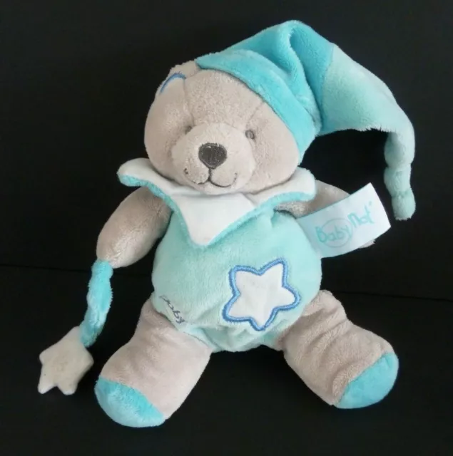 R7- DOUDOU BABY NAT CHIEN BLEU GRIS BLANC ETOILE LUMINESCENTS BONNET 19cm lire