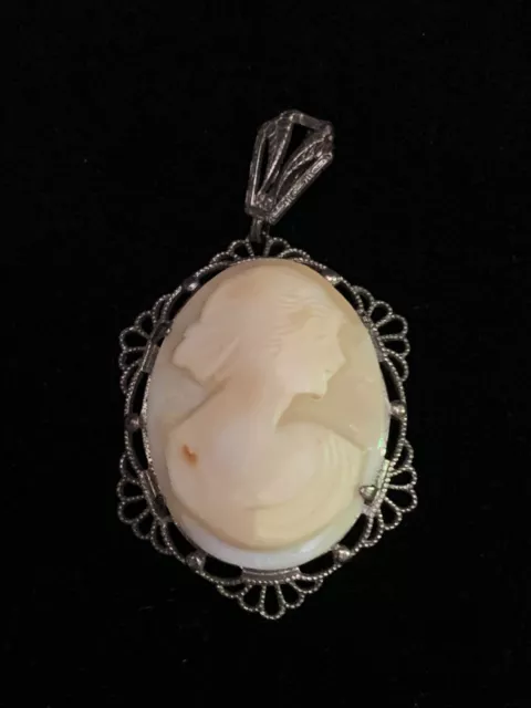 Antique Sterling Silver Carved Shell Cameo Necklace Pendant