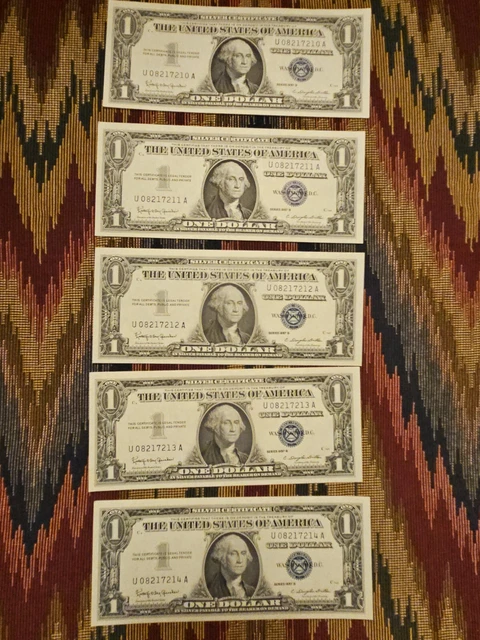 Lot of 5 1957B Consecutive Silver Certificate Blue Seal 1 Dollar Bills Crisp UNC