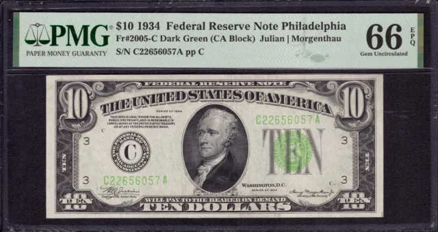 1934 $10 Federal Reserve Note Philadelphia Fr.2005-C Ca Block Pmg Gem 66 Epq