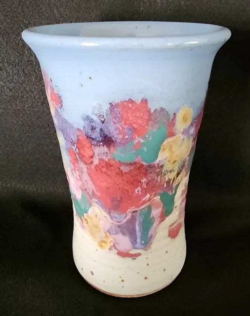 Vintage Hand Thrown Art Pottery Stoneware Vase Drip Glaze and Hand Painted