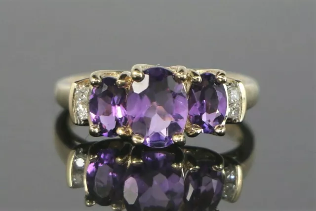 THL 10K Solid Yellow Gold 3 Stone Amethyst Single Cut Diamond Cocktail Ring Band