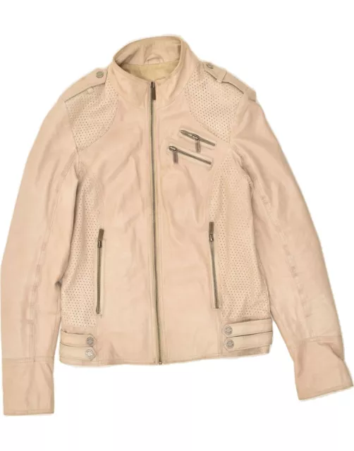 VINTAGE Womens Military Leather Jacket UK 10 Small  Beige Leather AU10