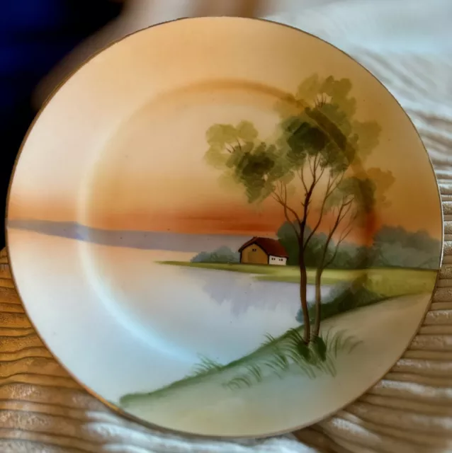 Vintage NORITAKE Hand Painted Plate Gold Trim Sunset Tree Made in Japan