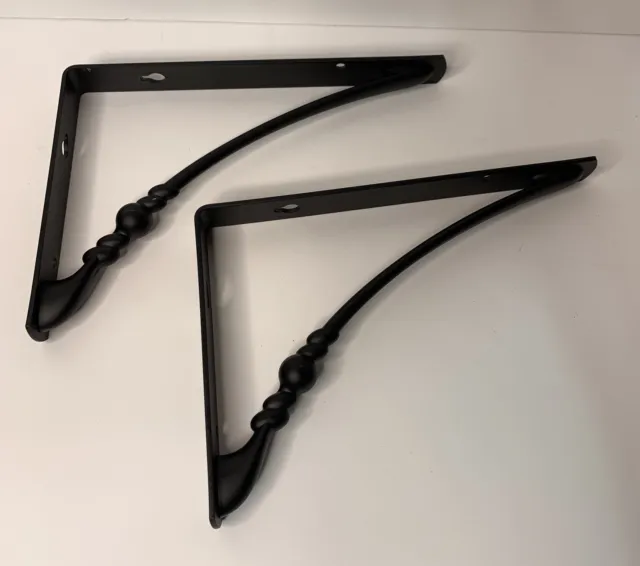 Pair Of 2 Decorative Metal Shelf Brackets Black Cast Iron Wall Mount 9” 6.5”