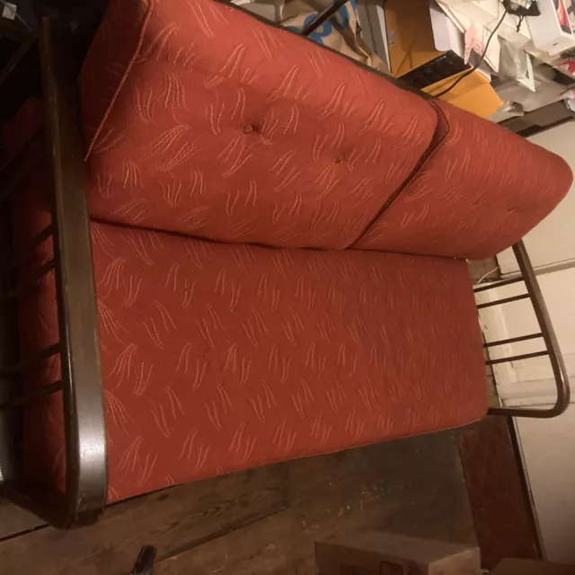 Vintage 1950s MCM Red Sofa Wood Frame Single Sofa Bed  51”-80”w 26d 2 Cushions