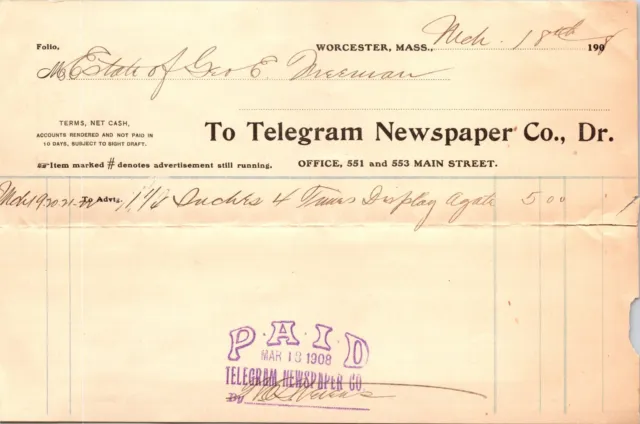Telegram Newspaper Co Worcester MA 1908 Billhead for Advertisement