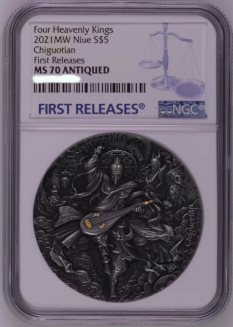 NGC MS70 Niue 2021 Four Heavenly Kings Chiguotian 2oz Silver Coin COA