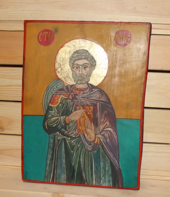 Vintage hand painted Orthodox icon Saint Menas