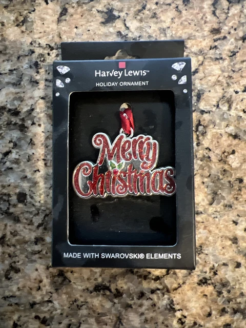 Harvey Lewis Holiday Ornament Silver Merry Christmas￼Swarovski Crystal Wings NIB