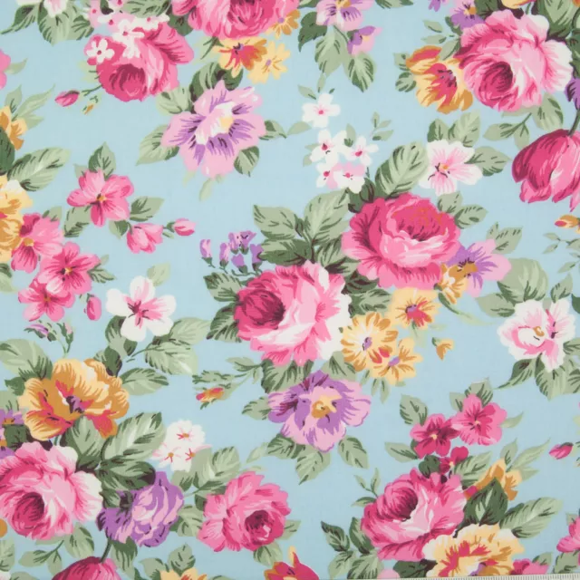 100% Cotton Poplin Rose & Hubble Fabric PINK VINTAGE ROSE BLUE Floral Material