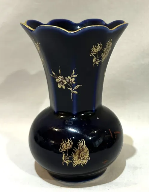 VTG Cobalt Etch Ceramic Vase 4" Gold Floral Bareuther Waldsassen Bavaria Germany