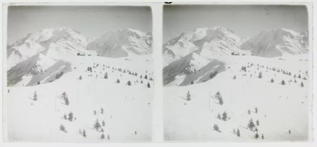 Montagne Neige c1950 Photo Stereo Amateur Plaque de verre Vintage V36L25n6