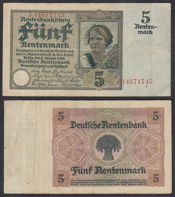 Rentenbankschein 5 Rentenmark 1926 Ro 164b Pick 169 F (4) Serie J     (29399