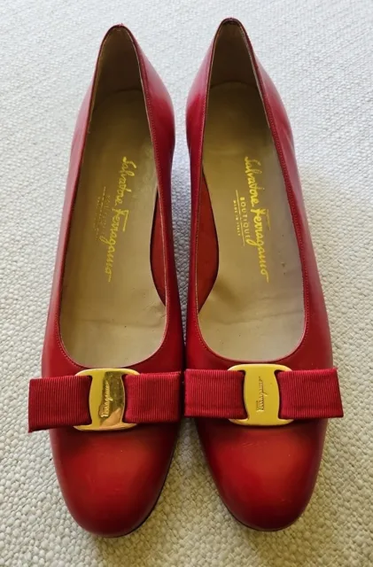 Salvatore Ferragamo Vera Pumps Womens 9-1/2  Bow Red Leather Heels Pre-owned