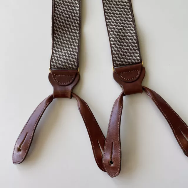 Trafalgar mens suspenders braces beige Brown geometric pattern brown leather