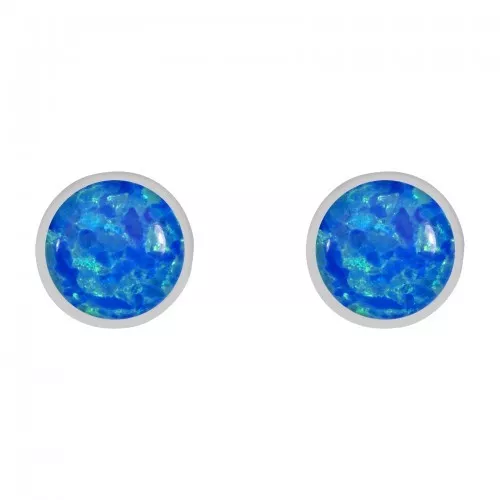 Sterling Silver Blue Created Opal 8mm Round Rubset Stud Earrings