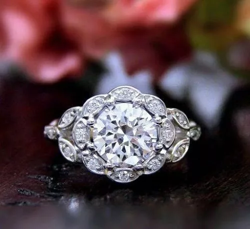 Art Deco Victorian Floral 2 CT Round CZ Wedding Women's Ring 925 Sterling Silver