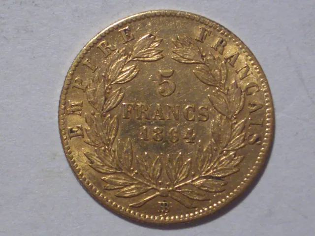 Frankreich: 5 Francs Gold. Jahrgang 1864 Napoleon III. Kranz, Münze Strasbourg!