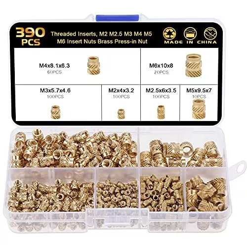 SHEENO 390 PCS Dadi Zigrinati,Inserti Filettati,M2 M2.5 M3 M4 M5 M6 Dadi (O3d)