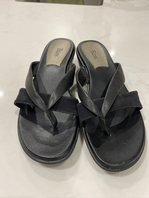 BASS Womens Sz 8 M Black Leather Slip On Double Strap Wedge Heel Thong Sandals