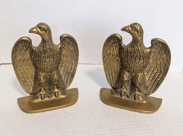 VTG Mid-Century Heavy Brass Bookends/Doorstop  Americana EAGLE Wings Spread - 6"