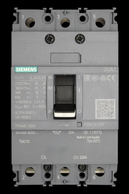SIEMENS 20 AMP 25kA TRIPLE POLE MCCB TM210 100N 3VA1 3VA1020-3ED32-0AA0 ...