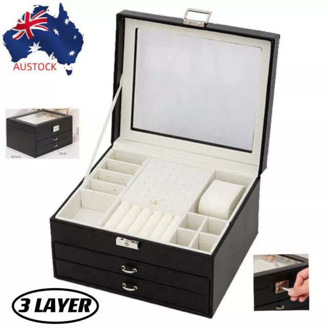 3Layer Jewellery Box Organizer Ring Earring Display Storage Case Leather