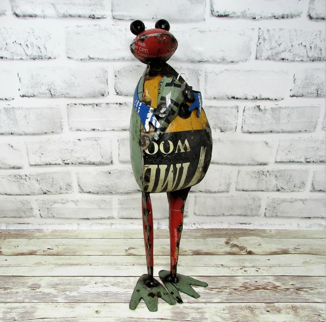 Rustic 15" Repurposed Recycled Colorful Scrap Metal Frog w/ Umbrella Statue Home