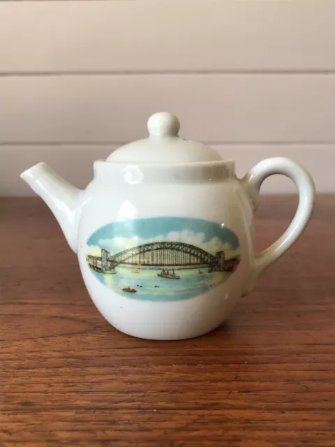 Vintage Souvenir Porcelain Miniature Teapot Early View Of Sydney Harbour Bridge