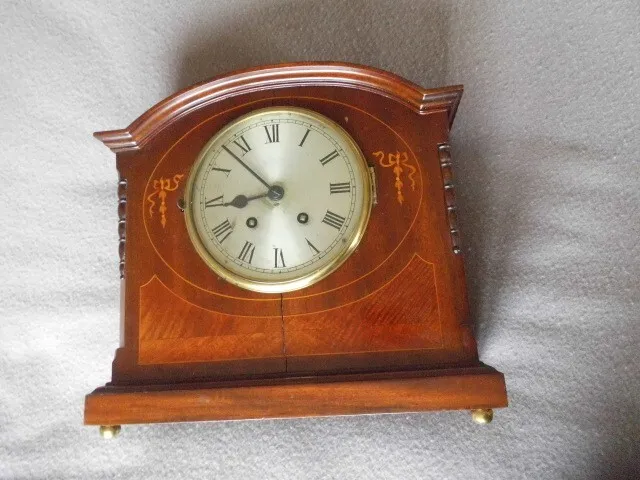 Antique French Mantel Clock By Japy Freres in mahogany inlaid case working