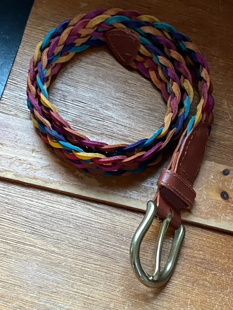 Brown Red Blue Yellow Pink Woven Genuine Leather Belt w Goldtone Colored Buckle