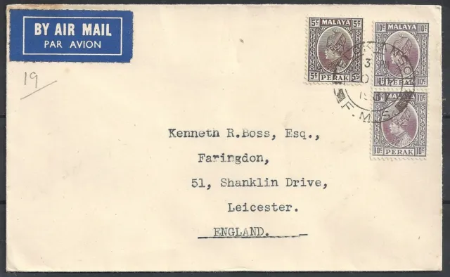 Cubierta de correo aéreo Malaya/Perak 1937 a Leicester