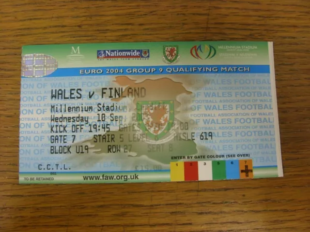 10/09/2003 Ticket: Wales v Finland [At Millennium Stadium Cardiff] Euro 2004 Qua