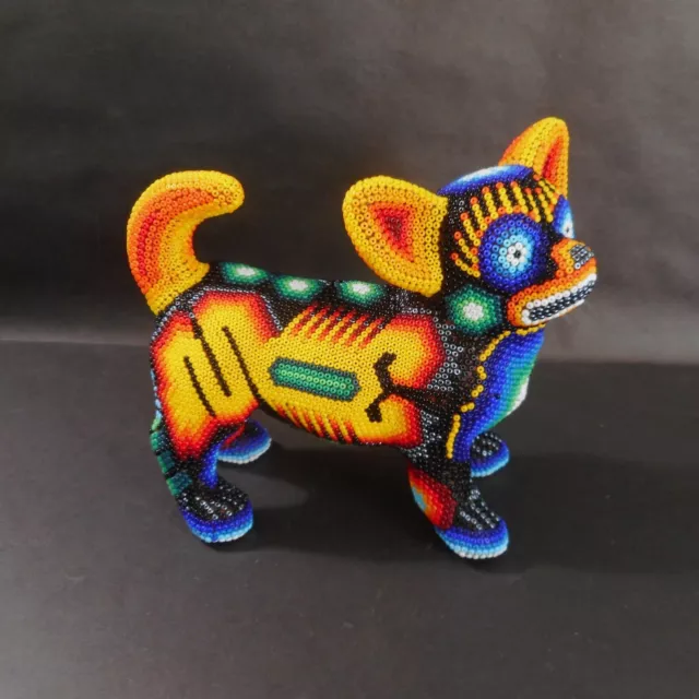 Huichol Beaded Art Dog Figurine Chihuahua Sculpture Handmade Mexican Folk Art