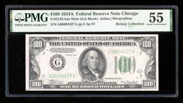 DBR 1934-A $100 FRN Chicago Mule Fr. 2153-Gm PMG 55 Serial G06604427A