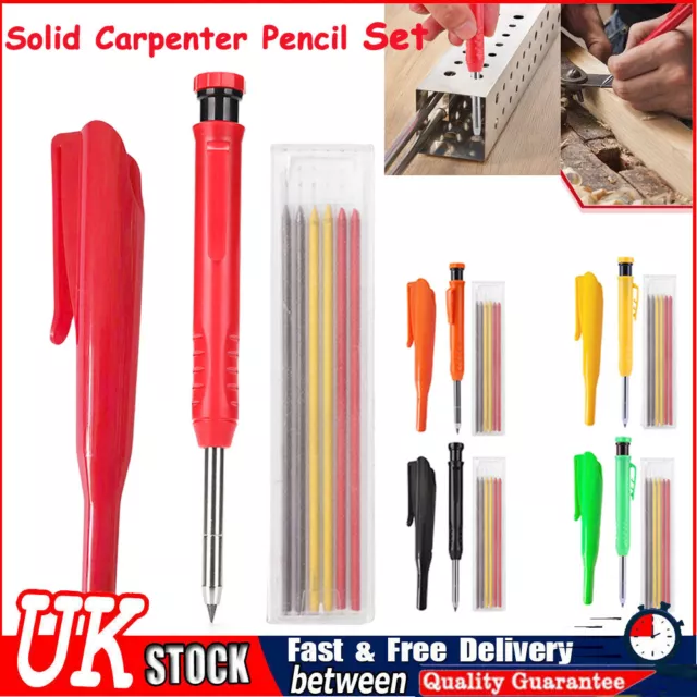 New Solid Carpenter Pencil Set Deep Hole Marking Pencil Built-in Sharpener UK