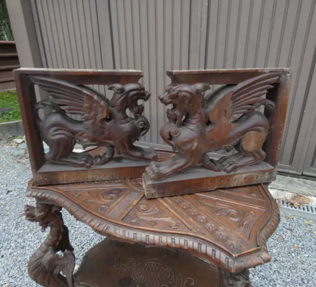 pair antique wood carved cabinet ornaments dragons mythological statue