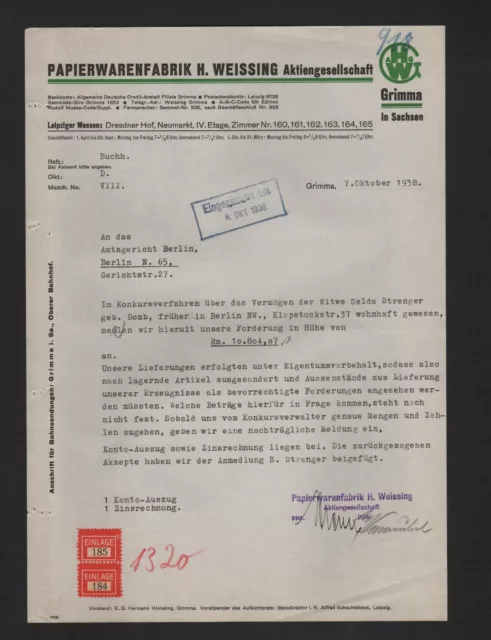 GRIMMA, Brief 1938, Papierwaren-Fabrik H. Weissing AG