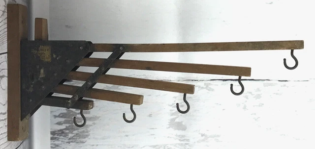 Antique Vtg Wooden Wall Hooks Collapsible Folding New York USA Farmhouse Laundry 3