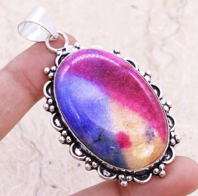 Multi Solar Quartz 925 Silver Plated Handmade Pendant of 2.2" Ethnic