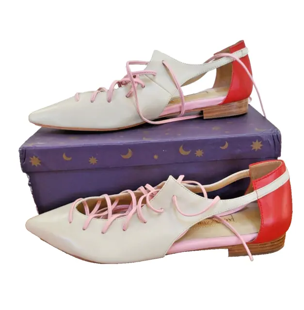 ALTUZARRA Cream Red Leather Lace Up Sandals Flats Shoes Slides Mules Size 40 New